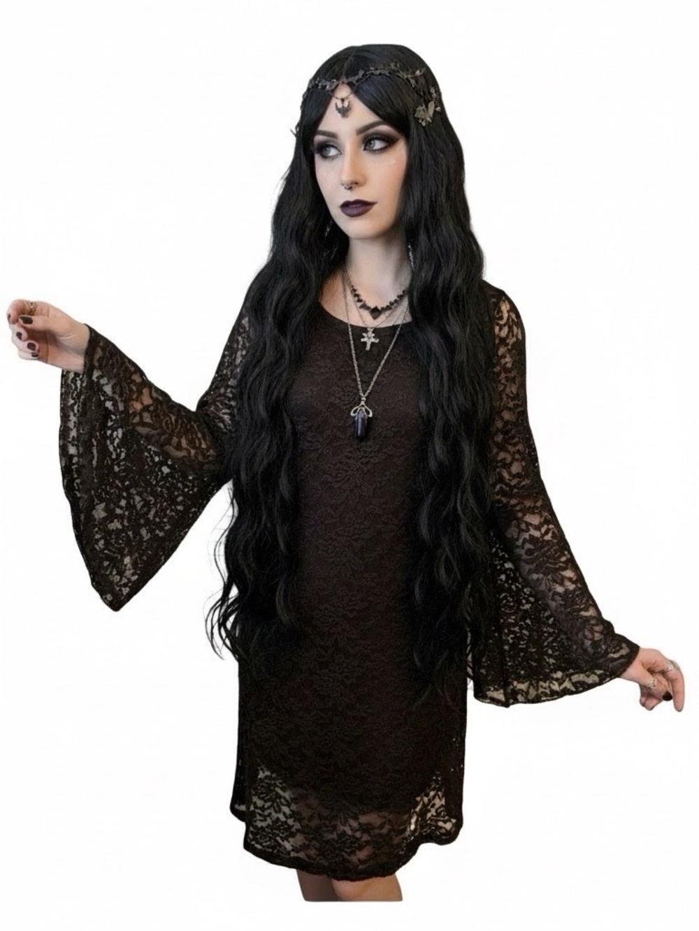 Vintage 90s Lace Bell Sleeves WhimsiGoth Forest Fairy Womens Brown Lace Dress
